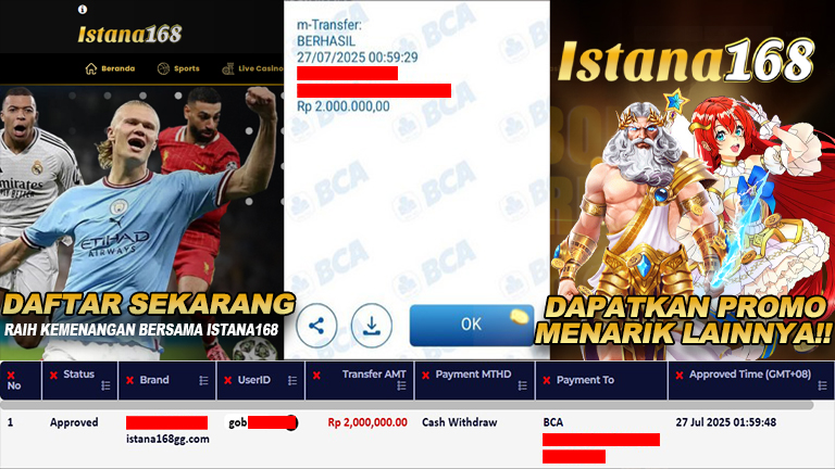 BUKTI KEMENANGAN WD MEMBER ISTANA168 IDR 2.000.000