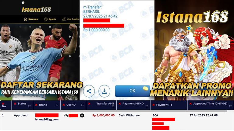 BUKTI KEMENANGAN WD MEMBER ISTANA168 IDR 1.000.000