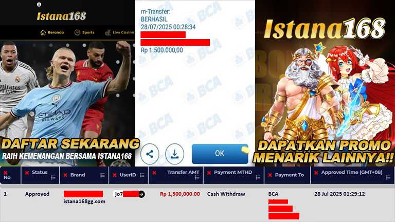 BUKTI KEMENANGAN WD MEMBER ISTANA168 IDR 1.500.000