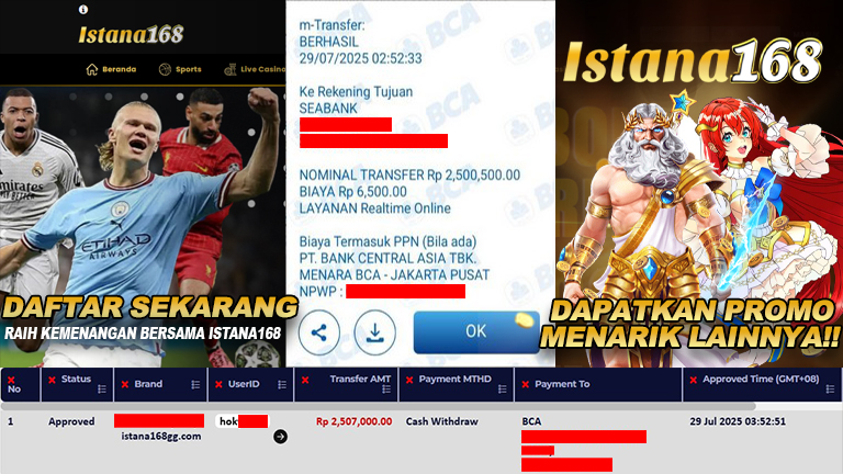 BUKTI KEMENANGAN WD MEMBER ISTANA168 IDR 2.507.000
