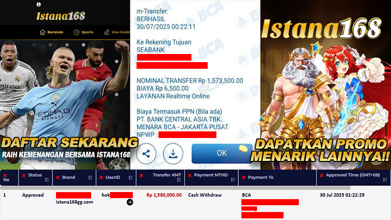 BUKTI KEMENANGAN WD MEMBER ISTANA168 IDR 1.580.000