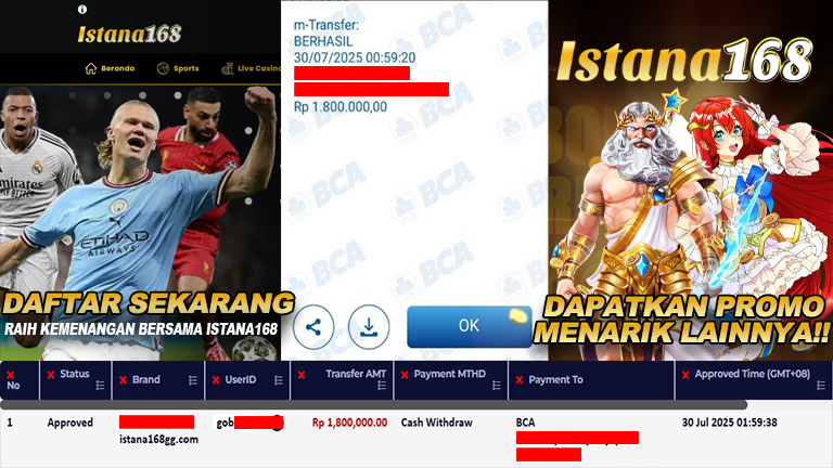 BUKTI KEMENANGAN WD MEMBER ISTANA168 IDR 1.800.000