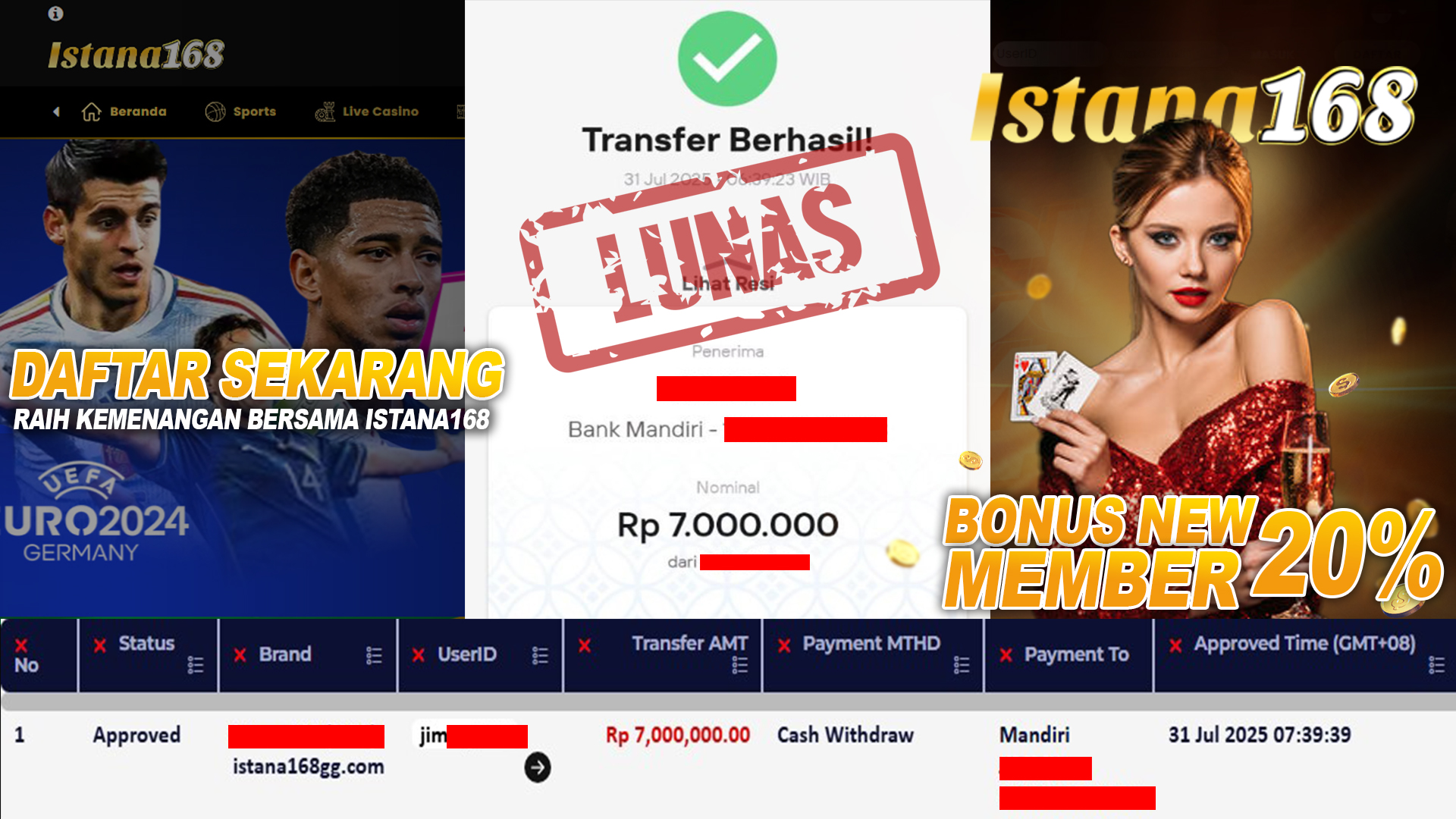 BUKTI KEMENANGAN WD MEMBER ISTANA168 IDR 7.000.000