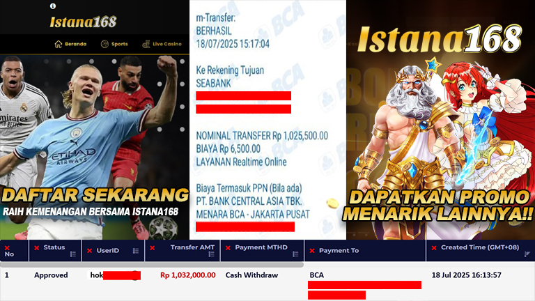 BUKTI KEMENANGAN WD MEMBER ISTANA168 IDR 1.032.000