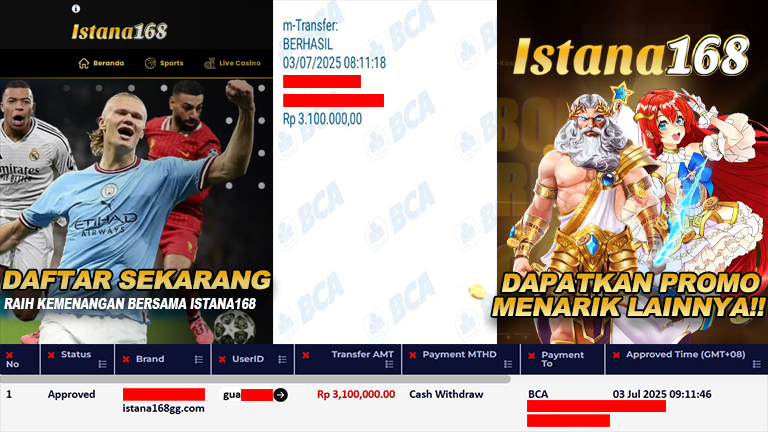 BUKTI KEMENANGAN WD MEMBER ISTANA168 IDR 3.100.000
