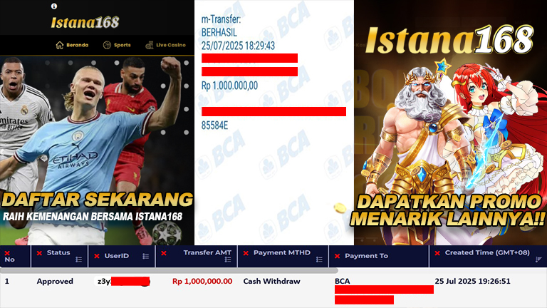 BUKTI KEMENANGAN WD MEMBER ISTANA168 IDR 1.000.000