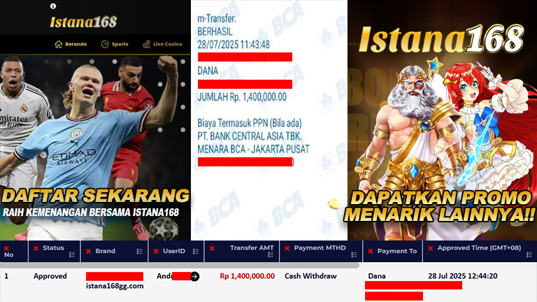 BUKTI KEMENANGAN WD MEMBER ISTANA168 IDR 1.400.000