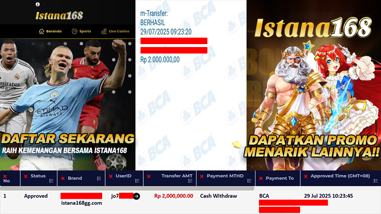 BUKTI KEMENANGAN WD MEMBER ISTANA168 IDR 2.000.000