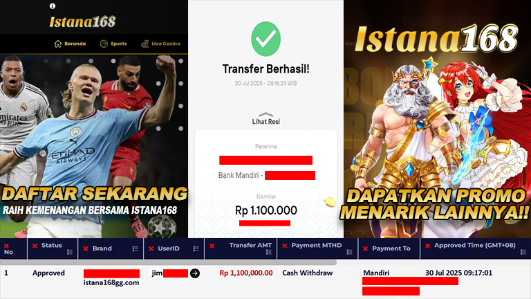 BUKTI KEMENANGAN WD MEMBER ISTANA168 IDR 1.100.000