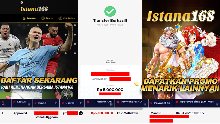 BUKTI KEMENANGAN WD MEMBER ISTANA168 IDR 5.000.000