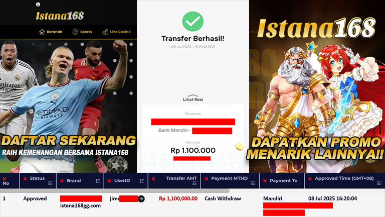 BUKTI KEMENANGAN WD MEMBER ISTANA168 IDR 1.100.000