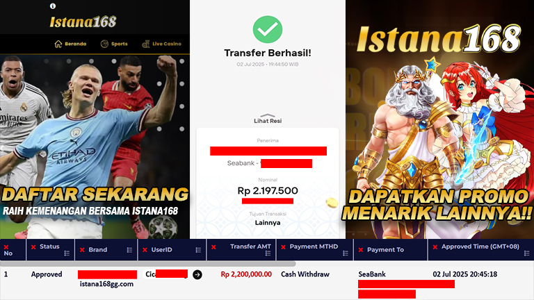 BUKTI KEMENANGAN WD MEMBER ISTANA168 IDR 2.200.000