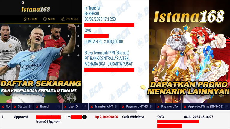 BUKTI KEMENANGAN WD MEMBER ISTANA168 IDR 2.100.000