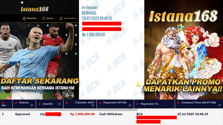 BUKTI KEMENANGAN WD MEMBER ISTANA168 IDR 1.000.000