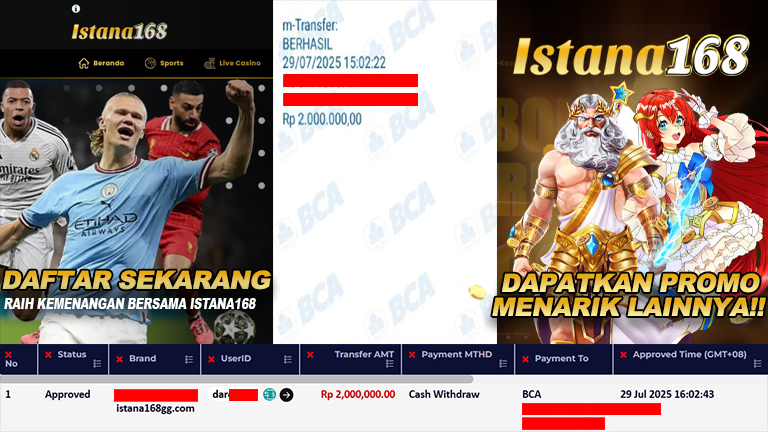 BUKTI KEMENANGAN WD MEMBER ISTANA168 IDR 2.000.000