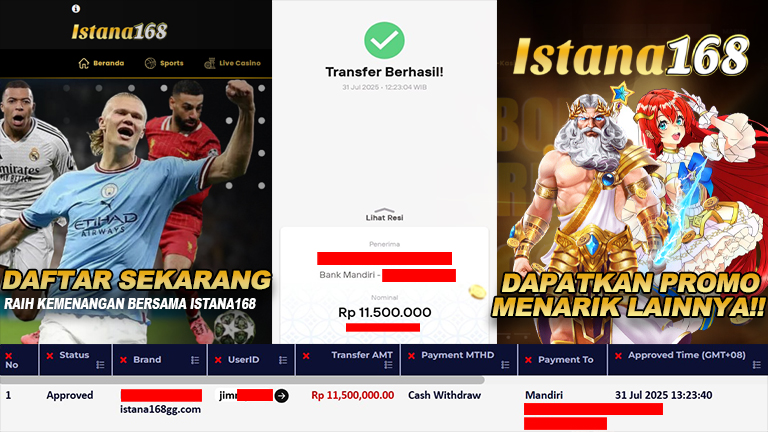 BUKTI KEMENANGAN WD MEMBER ISTANA168 IDR 11.500.000
