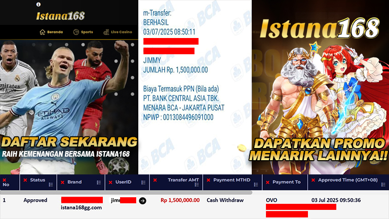 BUKTI KEMENANGAN WD MEMBER ISTANA168 IDR 1.500.000