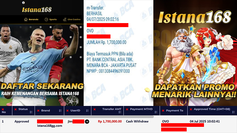 BUKTI KEMENANGAN WD MEMBER ISTANA168 IDR 1.700.000