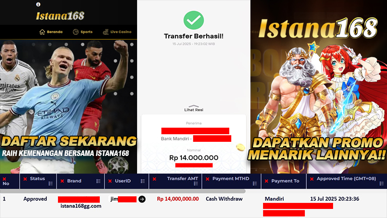 BUKTI KEMENANGAN WD MEMBER ISTANA168 IDR 14.000.000