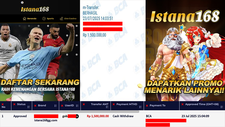 BUKTI KEMENANGAN WD MEMBER ISTANA168 IDR 1.500.000