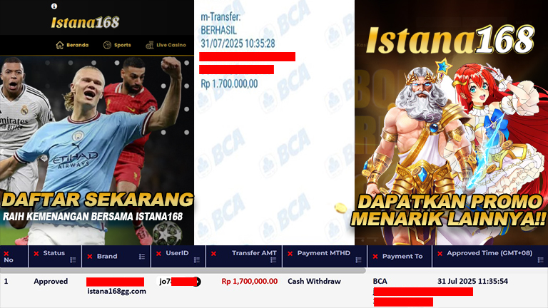 BUKTI KEMENANGAN WD MEMBER ISTANA168 IDR 1.700.000
