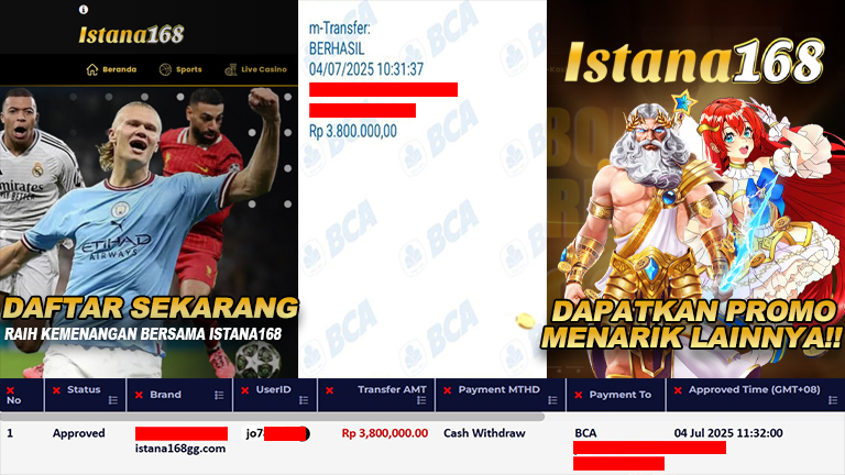 BUKTI KEMENANGAN WD MEMBER ISTANA168 IDR 3.800.000