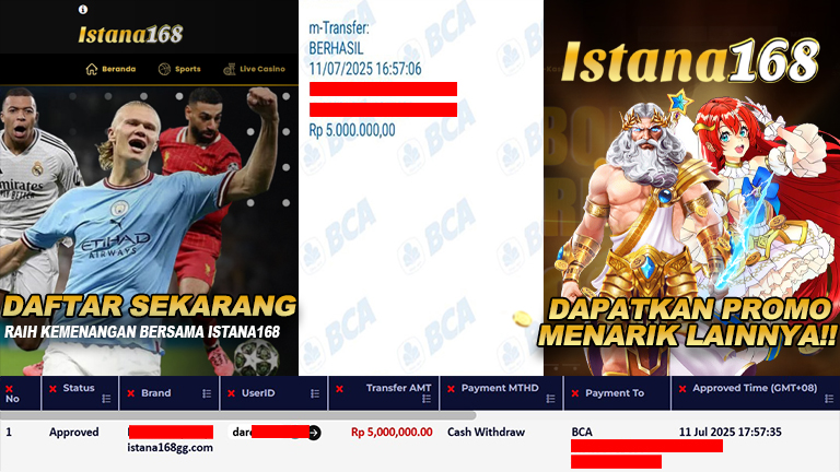 BUKTI KEMENANGAN WD MEMBER ISTANA168 IDR 5.000.000