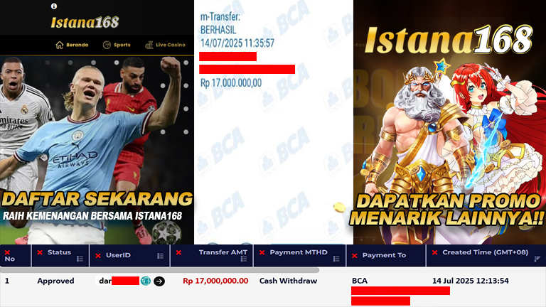 BUKTI KEMENANGAN WD MEMBER ISTANA168 IDR 17.000.000