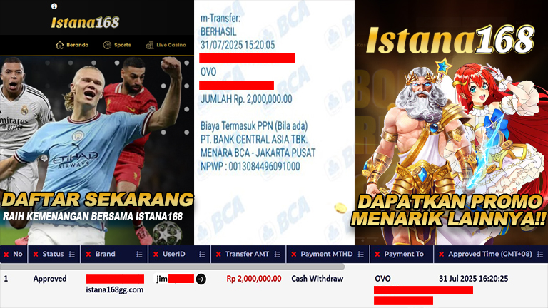 BUKTI KEMENANGAN WD MEMBER ISTANA168 IDR 2.000.000