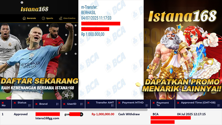 BUKTI KEMENANGAN WD MEMBER ISTANA168 IDR 1.000.000