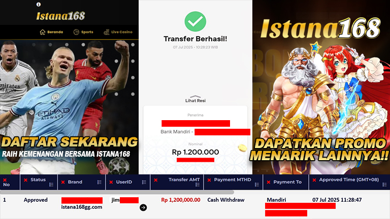 BUKTI KEMENANGAN WD MEMBER ISTANA168 IDR 1.200.000