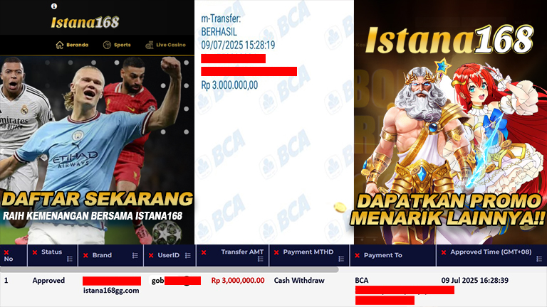 BUKTI KEMENANGAN WD MEMBER ISTANA168 IDR 3.000.000
