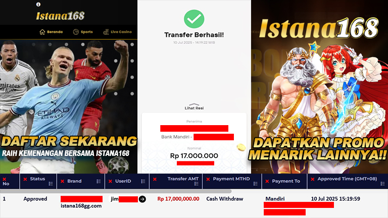 BUKTI KEMENANGAN WD MEMBER ISTANA168 IDR 17.000.000