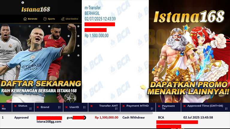 BUKTI KEMENANGAN WD MEMBER ISTANA168 IDR 1.500.000