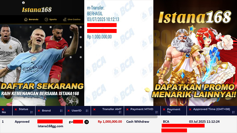 BUKTI KEMENANGAN WD MEMBER ISTANA168 IDR 1.000.000