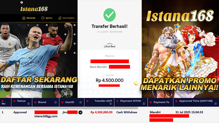 BUKTI KEMENANGAN WD MEMBER ISTANA168 IDR 4.500.000