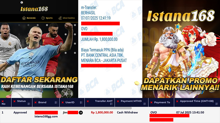BUKTI KEMENANGAN WD MEMBER ISTANA168 IDR 1.800.000