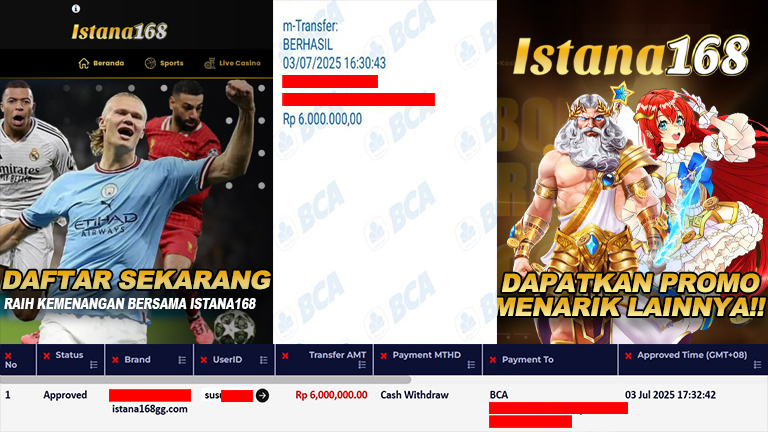 BUKTI KEMENANGAN WD MEMBER ISTANA168 IDR 6.000.000