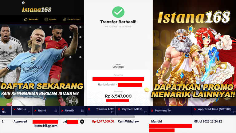 BUKTI KEMENANGAN WD MEMBER ISTANA168 IDR 6.547.000