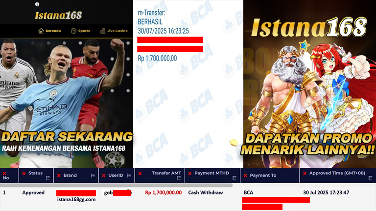 BUKTI KEMENANGAN WD MEMBER ISTANA168 IDR 1.700.000