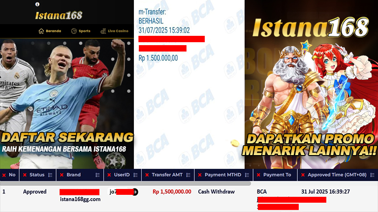 BUKTI KEMENANGAN WD MEMBER ISTANA168 IDR 1.500.000