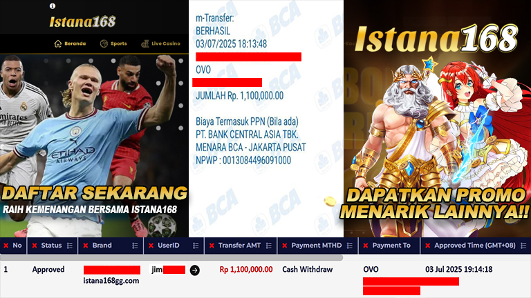 BUKTI KEMENANGAN WD MEMBER ISTANA168 IDR 1.100.000