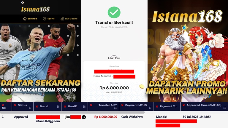BUKTI KEMENANGAN WD MEMBER ISTANA168 IDR 6.000.000