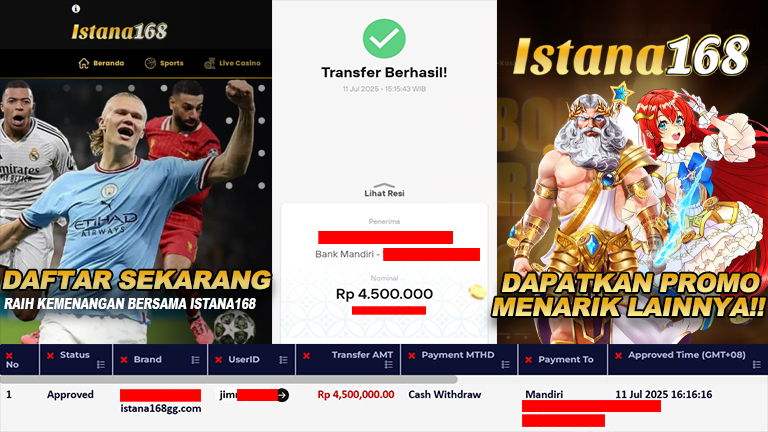 BUKTI KEMENANGAN WD MEMBER ISTANA168 IDR 4.500.000