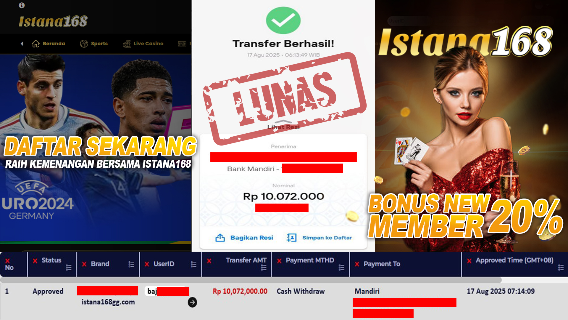BUKTI KEMENANGAN WD MEMBER ISTANA168 IDR 10.072.000