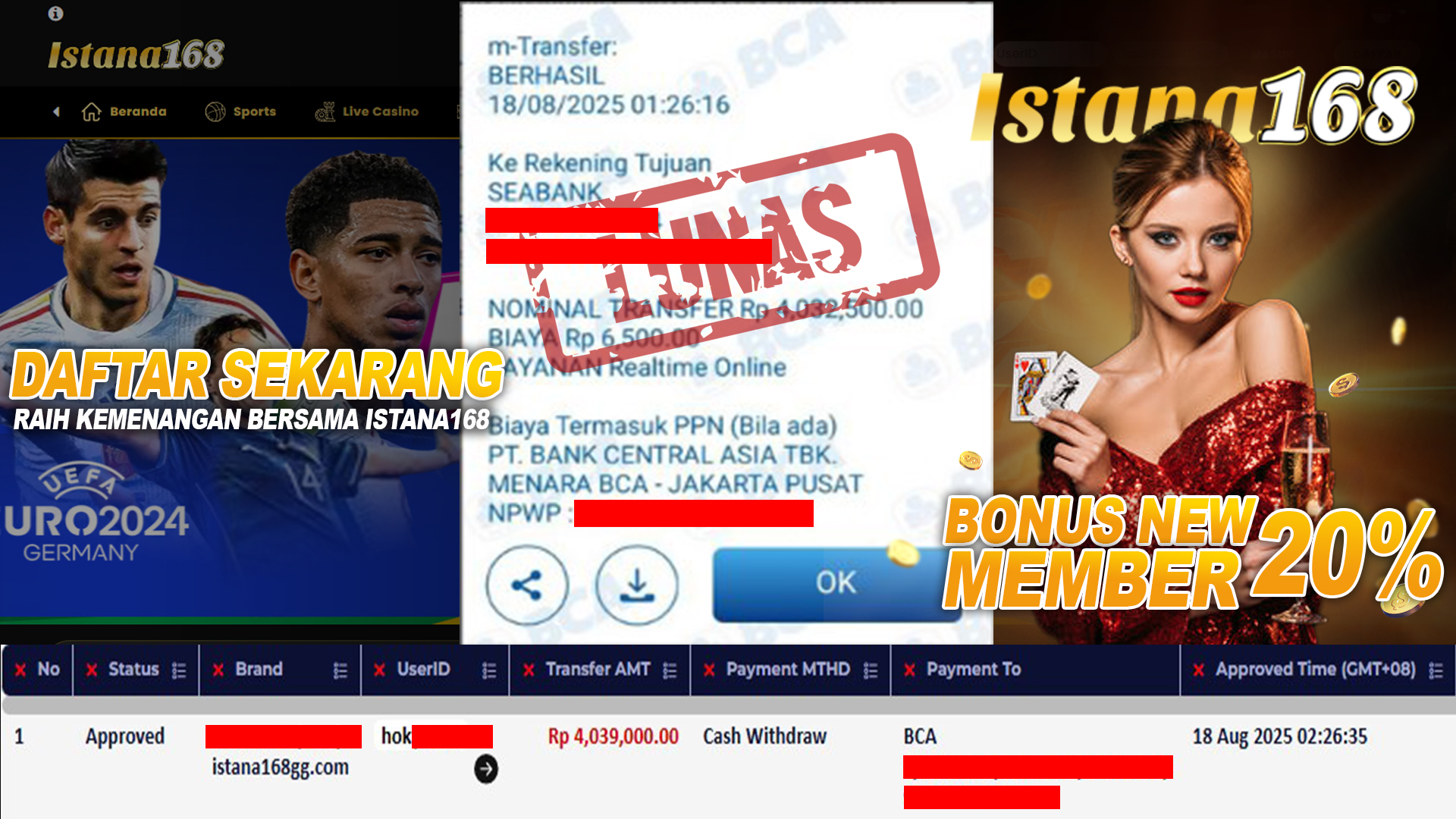 BUKTI KEMENANGAN WD MEMBER ISTANA168 IDR 4.039.000