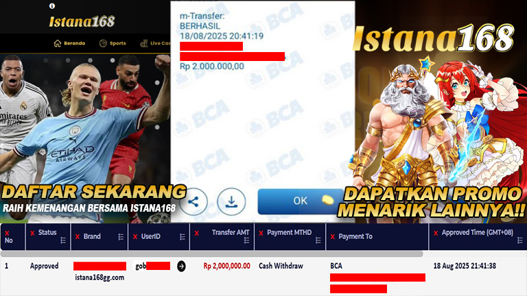 BUKTI KEMENANGAN WD MEMBER ISTANA168 IDR 2.000.000