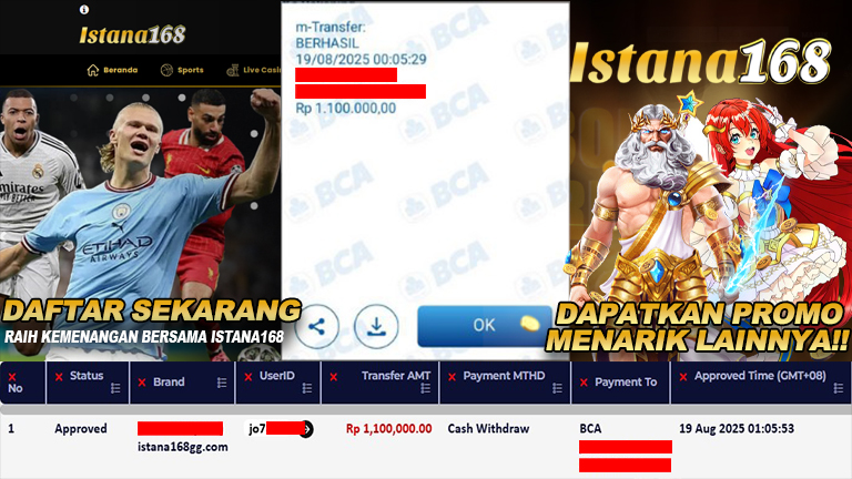 BUKTI KEMENANGAN WD MEMBER ISTANA168 IDR 1.100.000