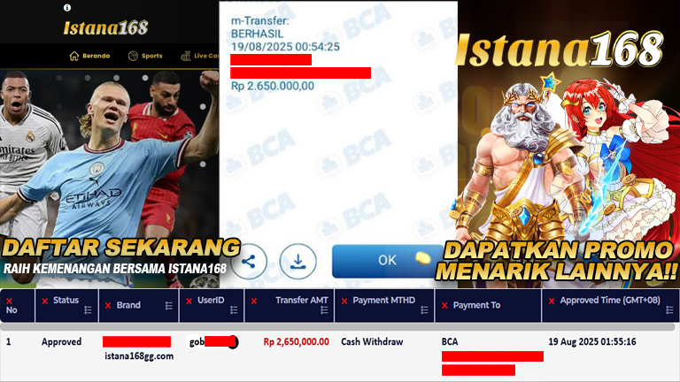 BUKTI KEMENANGAN WD MEMBER ISTANA168 IDR 2.650.000