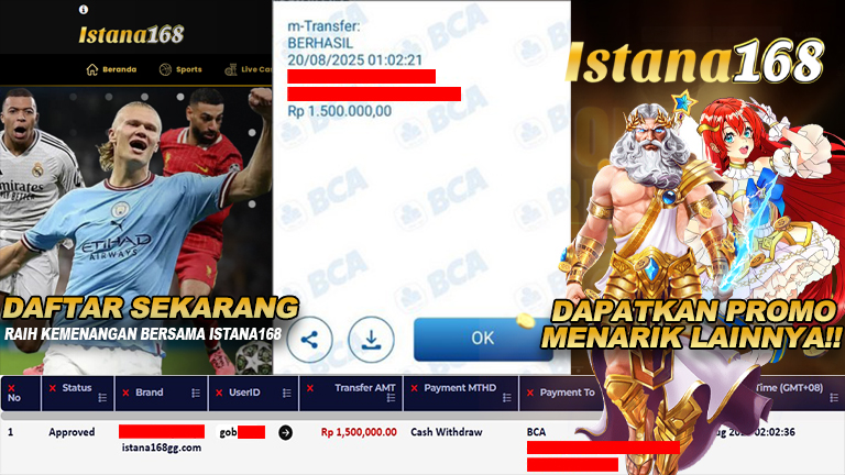 BUKTI KEMENANGAN WD MEMBER ISTANA168 IDR 1.500.000